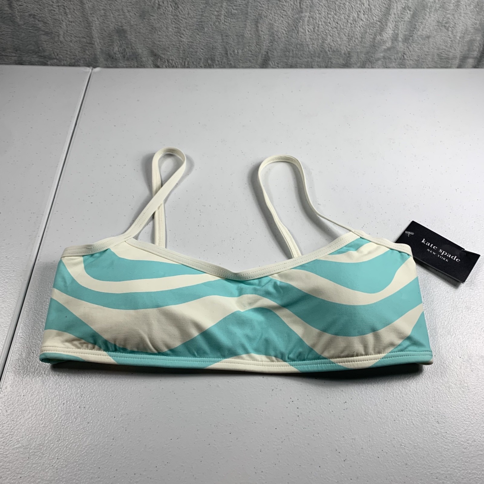 Kate Spade Women's Bikini Swim Top Medium Blue Low Tide U-Neck Wave Print NWT
