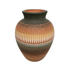 Striking Artisan Handmade Clay Vase, Painted, Fired, & Then Etched (Signed)