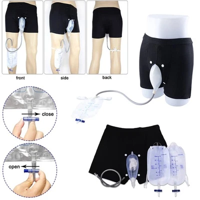 Pantaloni Incontinenza Uomo Indossabili Orinatoio Gambe Sacchetto Silicone Urina Imbuto Collettore-