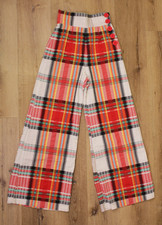 VTG Women's 70s White  Red Plaid Side Button Bellbottoms Pants Sz 24" / XXS/XS