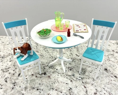 RARE Vintage 2006 Barbie Home Table & Chairs Kitchen Dining Play Set With Dog