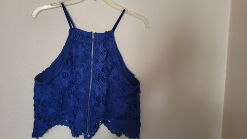 Forever 21 Blue Lace Cami Sz L Back Zip Thin Strap fairy Goth Grunge Evening - Picture 7 of 20