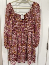 NWT New Mini Dress Juniors Size Large L Women 8 Pink Boho Floral Sheer Arm