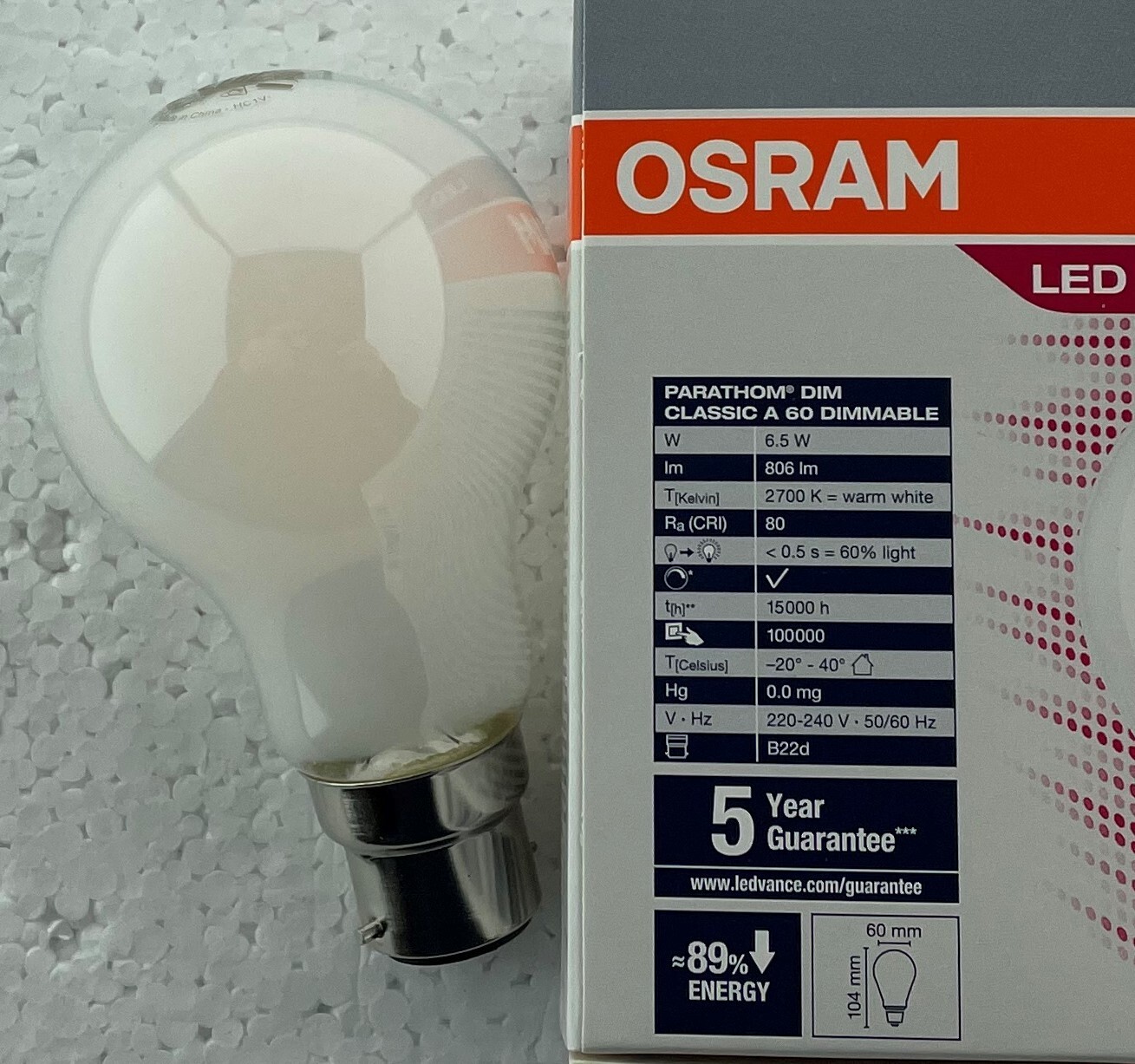 5 .5 W BC Osram LED Frosted GLS 2700k Dimmable Extra warm white 