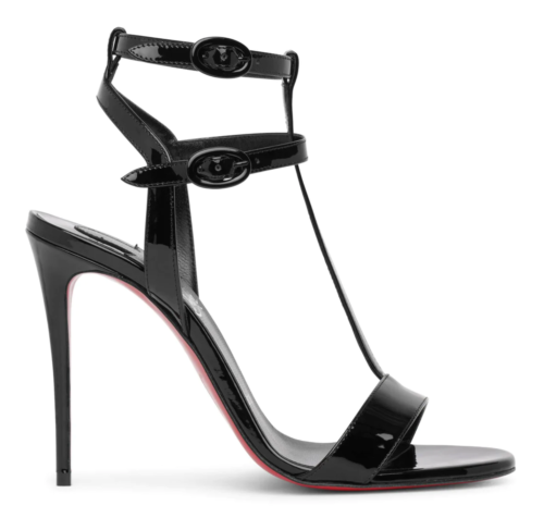 Christian Louboutin Mara 100 Black Patent Sandal Ankle Strap Open