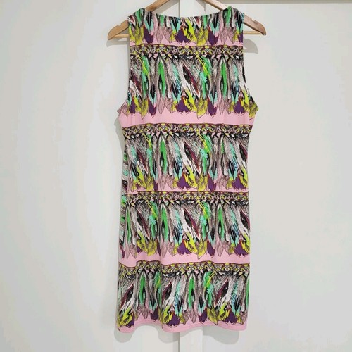 Hale Bob Sleeveless Sheath Feather Dress V Neck Pink Green Yellow Size L AU 12 - Picture 6 of 23