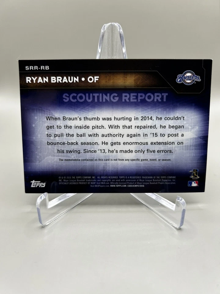 2016 Topps Scouting Report Relics MEM #SRR-RB Ryan Braun Brewers - Image 2 of 2