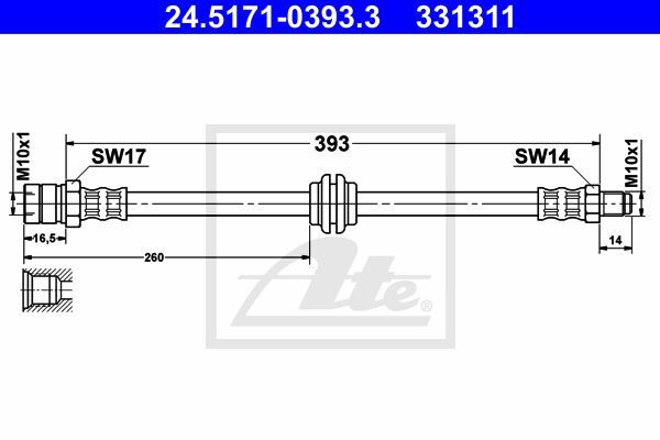 Flexible de frein arrière pour Porsche 924 2.0 et VW 1600 en caoutchouc renforcé 310mm
