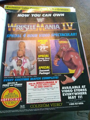 Vintage 1988WWF WRESTLEMANIA IV 4 VHS Video Print Ad HULK HOGAN MACHO MAN