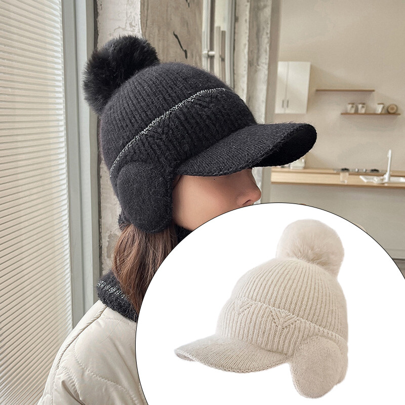 Ear Flaps Bobble Hat With Peak Aran Cable Fleece Lined Hat With