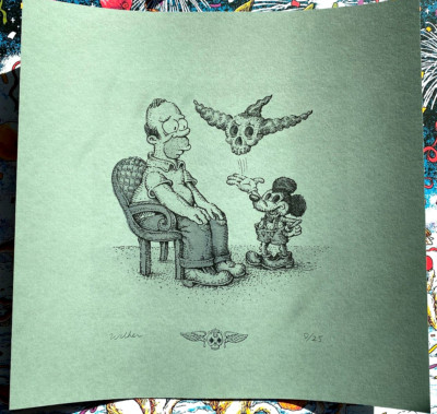David Welker Vanquish Your Foes Art Print STEEL #/25 Homer Simpson Mickey Mouse