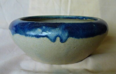 Artisan Thrown Pottery Cache Pot Bowl Cobalt Rim Glaze on Blue-Gray Stoneware