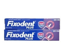 2 Pack Fixodent Plus Gumcare Denture Adhesive Cream, Unflavored, 2 oz