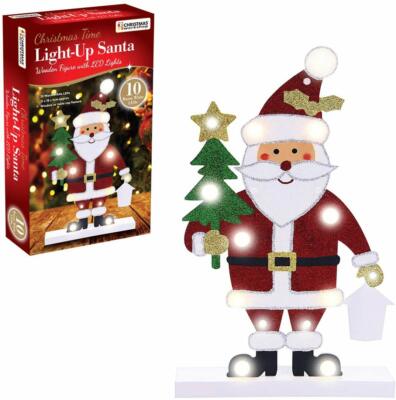 Weihnachtszeit Leucht Weihnachtsmann Holzfigur mit 10 LED Lichtern rot weiß grün