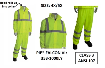 PROTECTIVE INDUSTRIAL PRODUCTS 4X-5X Hi Vis Rain Suit Reflective Stripes Waterproof w/ Hood ANSI 107 Class 3 HR