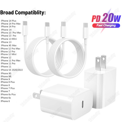 For iPhone 14 13 12 11 Pro Max XR X 8 20W USB-C Fast Charging Plug Charger Cable