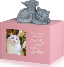 Cat Urns for Ashes, Pink Wooden Keepsake with Photo Frame, Pet Memory Box with R