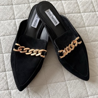 STEVE MADDEN ALMAH Black Suede Pointy Toes Flat Slip On Chain Mules 7.5 Holiday