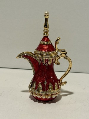 Collectible Miniature Enamel Egyptian Teapot Trinket Box Hinged Magnetic