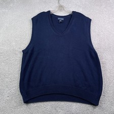 Vintage Lands End Mens Sweater Vest Large Navy Blue Knit V Neck Pullover USA
