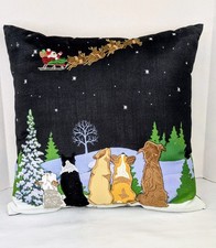 Christmas Throw Pillow With Dogs In Winter Scene Watching Santa 17x17 Pre Owned