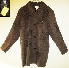 NWT VICTOR COSTA BROWN TWEED BLACK EMBROIDERED BEADED FLORAL LINED JACKET TOP L