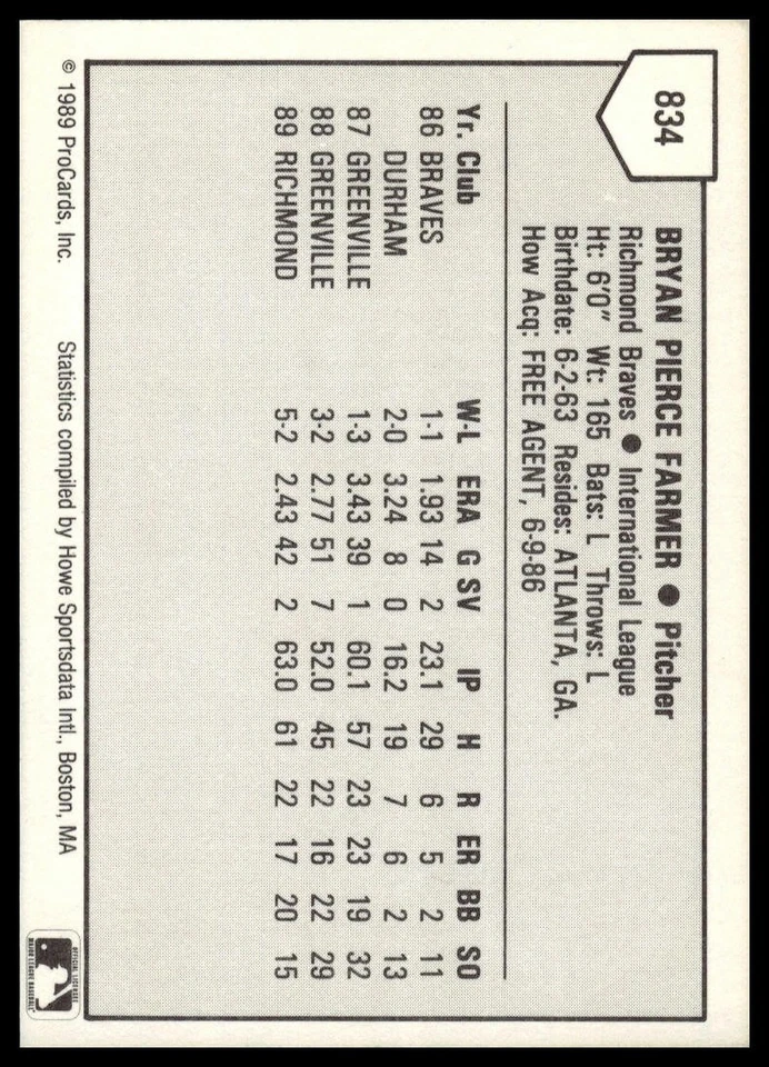 1989 ProCards Minor League Team Sets #834 Bryan Farmer - Image 2 of 2
