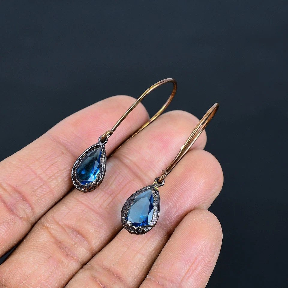 Blue Topaz Handmade Gemstones Copper Electroplated Beautiful Earrings Jewelry Foto 3 de 4