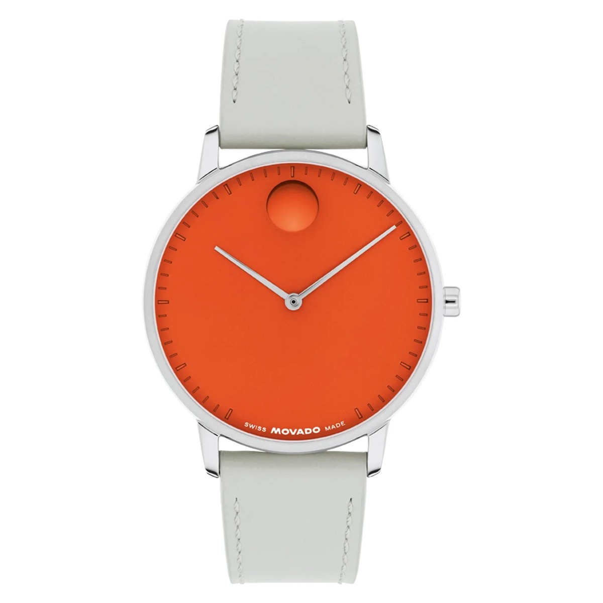 Movado Face Gray Leather Strap Orange Dial 39mm Swiss Watch