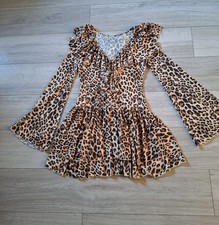 Shein Beige Leopard Print Flared Dress BNWT Frilled Long Sleeves Boho Retro UK10