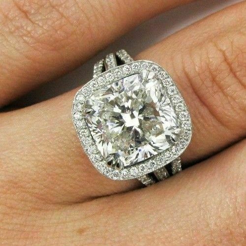 Engagement Ring 4.35Ct Cushion Cut Diamond White Gold Finish Simulated in Size 9 - Foto 1 di 6