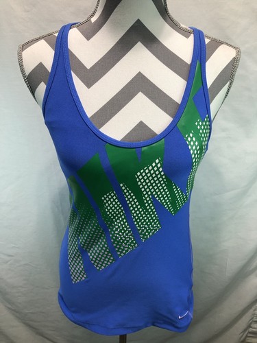 Nike Blue Dri Fit Racerback Workout Tank Green Logo Graphic Medium 8-10 YY17 - Picture 2 of 4