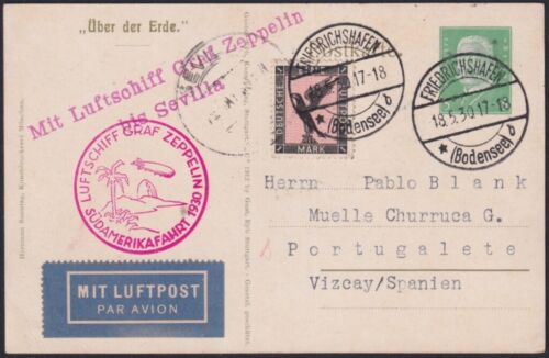 F-EX24314 GERMANY 1930 ZEPPELIN ILLUSTRATED POSTCARD TO PORTUGALETE SPAIN.  - Picture 1 of 2