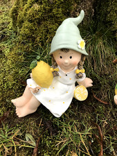 Statuina bambina estiva con limone + uccellino, larghezza 22 cm, figura, giardino, NUOVO