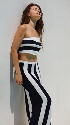 Anthropologie Knit Skirt Midi Mandy Black White Stripe Pull On Preppy Sz M NWT