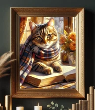 Fluffy Tabby brown cat scarf on book, oil Painting print wall art picture poster