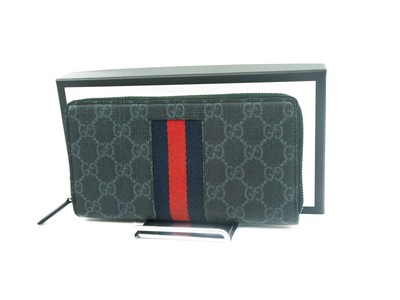 GUCCI GG Supreme Web Sherry Line Zip Around Long Wallet Black Gray  