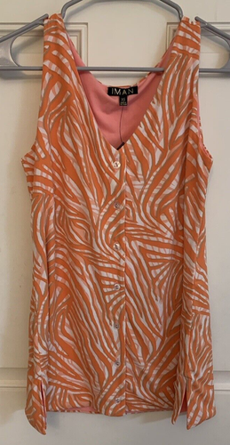 IMAN Womens Tank Top Duster Vest Sleeveless Top Luxury Resort Orange Button XS
