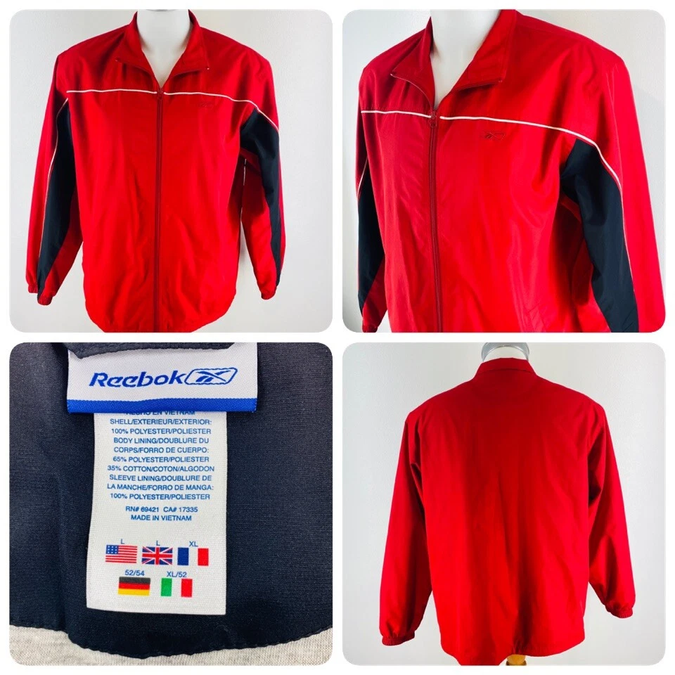 Reebok Mens Size Large Windbreaker Jacket Full Zip Red solid U6