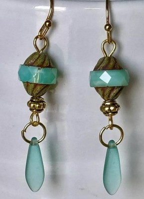 Beautiful Gold and Frosted Aqua Blue Dangle Picasso Czech Lantern Bead Earrings.