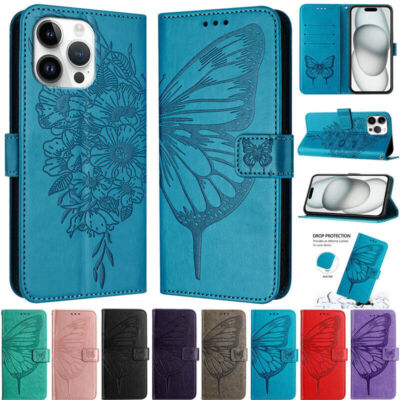 Leather Butterfly Wallet Phone Case For iPhone 16 15 14 13 12 11 Pro Max XR 8 7