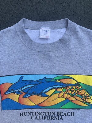 Vintage 90s Huntington Beach California Crew Neck Sweatshirt Grey XL