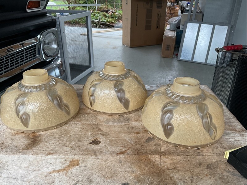 Lot of 3 Small Vintage Round Glass Light Fixture Shade Beige w Clear Leaves