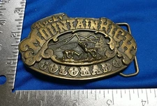 ROCKY MOUNTAIN HIGH COLORADO BELT BUCKLE ADEZY DENVER 1975 BRASS 4" X 2 1/4"