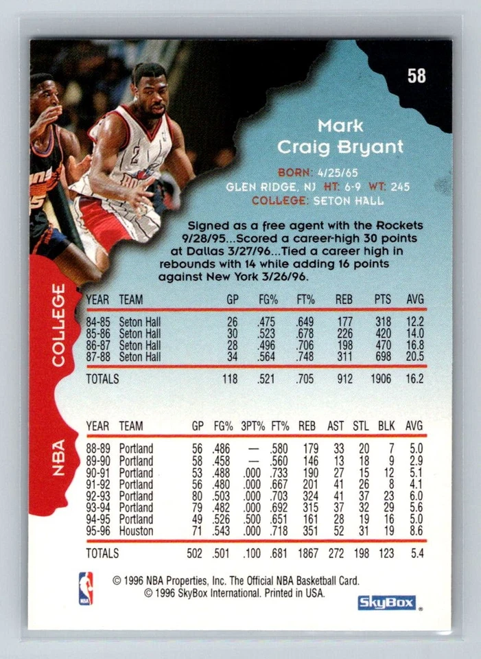 1996-97 Hoops #58 Mark Bryant Houston Rockets Basketball Card - Image 2 of 2