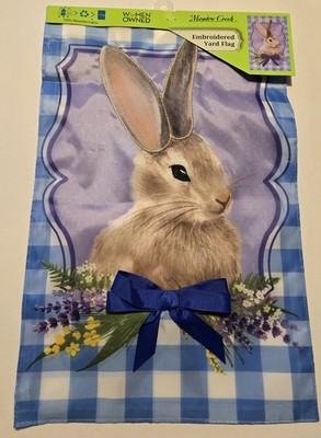NWT Meadow Creek Bunny With Blue Bow Gighham Background Embellished Garden Flag 