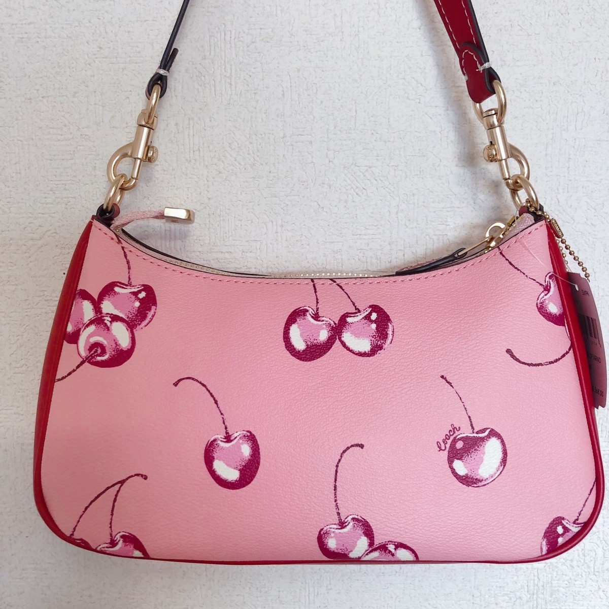 COACH Teri 2way Shoulder Bag Pink Canvas Leather Cherry Print