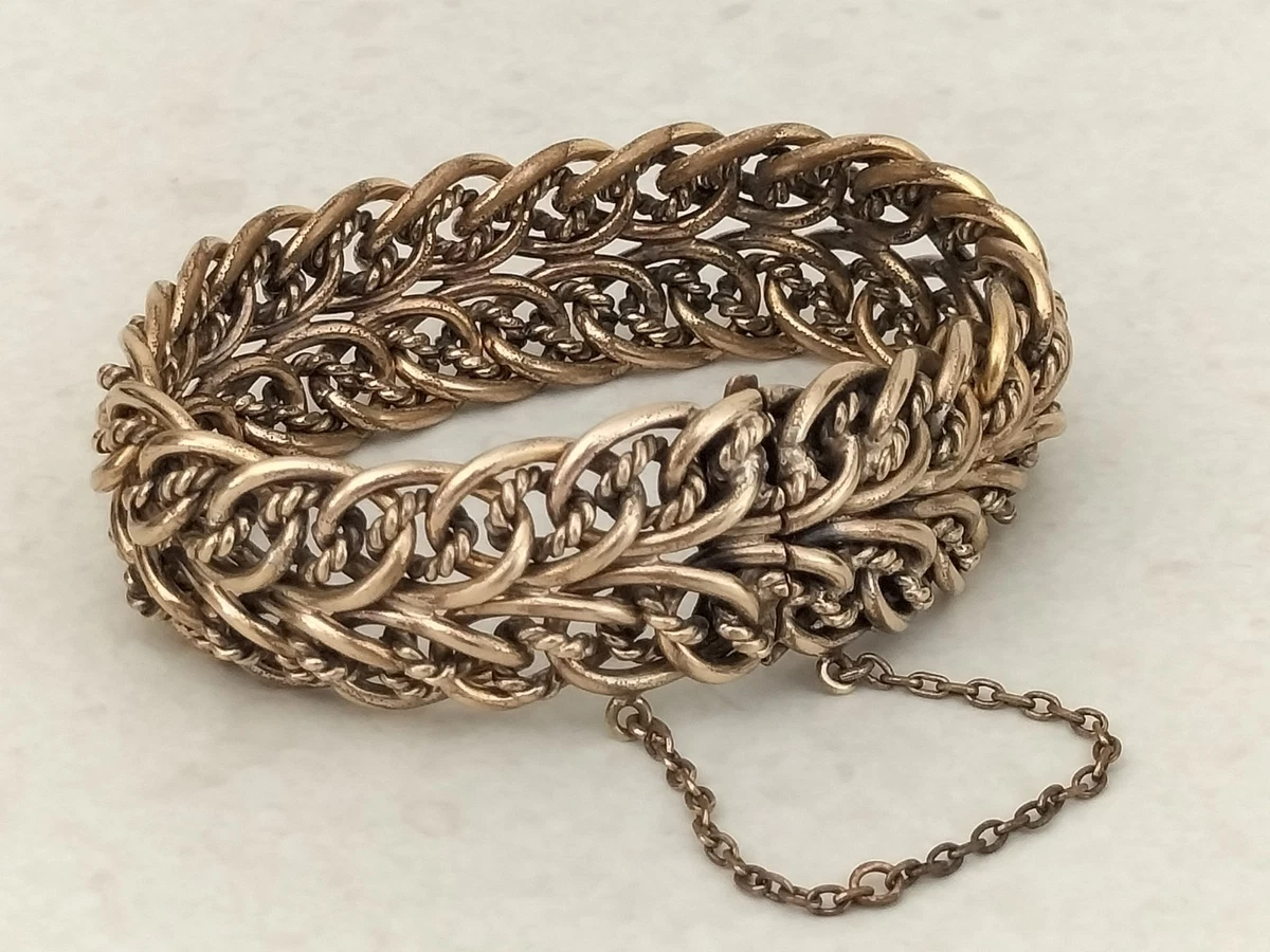 Bracelet vintage plaqué or avec gros maillons larges articulés rétro 7 1/2 pouces - France