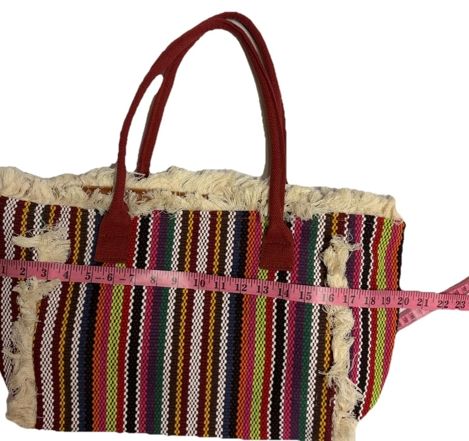 Large India Multicolored Striped Tote Hand Bag Shopping Bag Purse Boho Fringe - Image 2 of 4