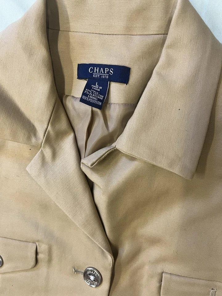 Chaqueta Blazer Chaps Mujer Tostada Talla L Elastizada Poliéster Plateado Botón Frontal Foto 2 de 4